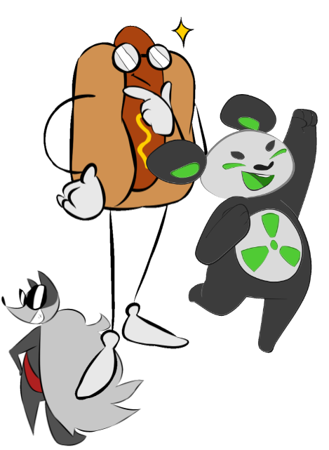Three of Fedora's mascots, Panda, Beefy (a hotdog) and Badger all in a group. Panda is celebrating, Beefy is thinking about something, and Badger is facing the other way wearing sunglasses.